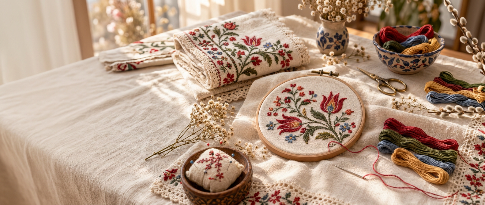 Hand embroidery in a hoop with traditional floral motifs