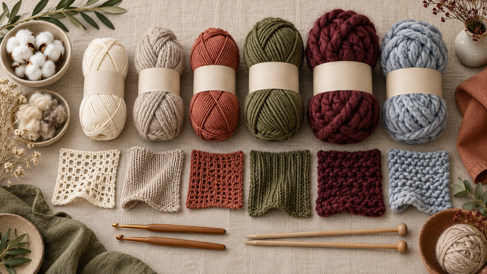 Garne in Creme, Terrakotta, Oliv, Bordeaux und Blau in verschiedenen Stärken mit passenden Maschenproben