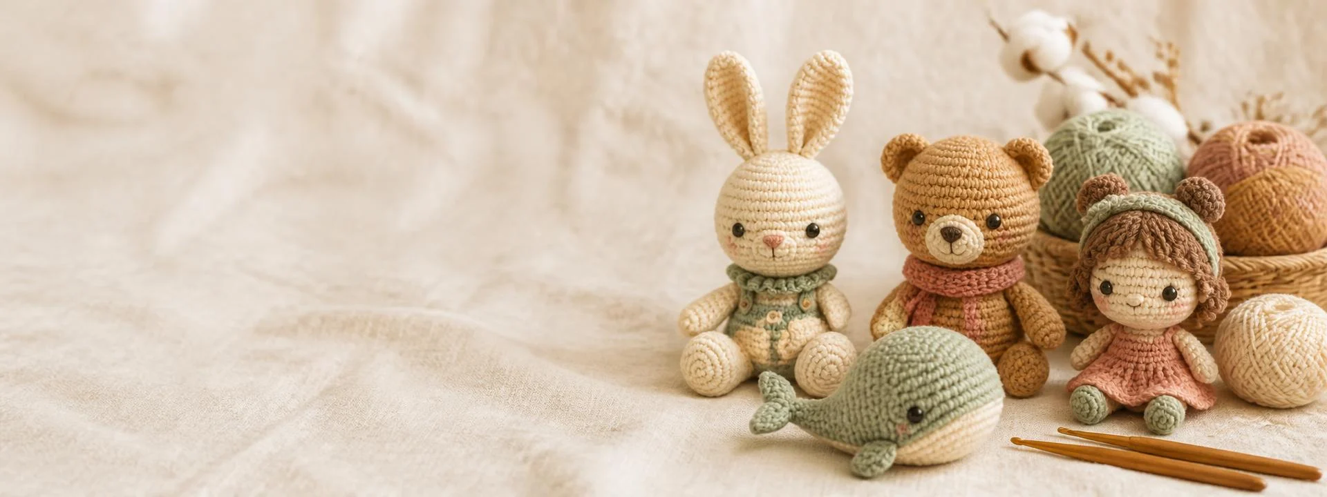 Renkli pamuk iplerle örülmüş el yapımı amigurumi hayvan figürleri ve bebek