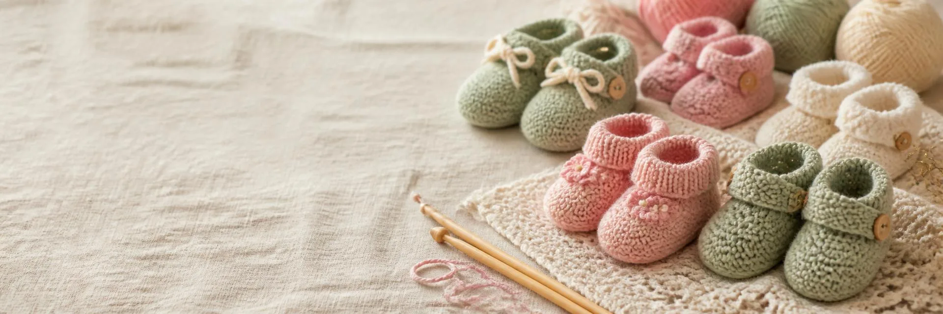 Krem keten üzerinde pembe, yeşil ve ekru renkli el örgüsü patikler ve yün yumakları